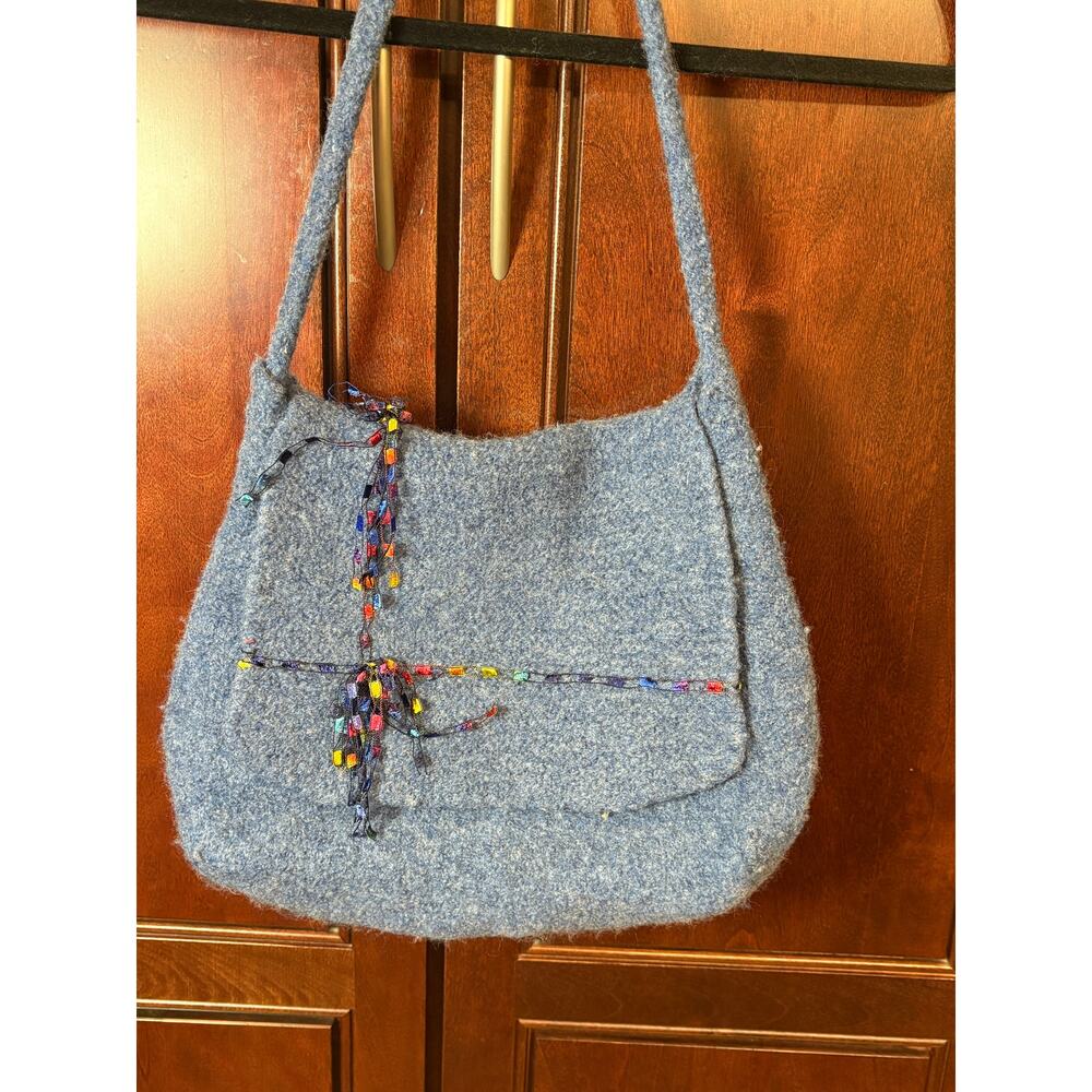 Handmade Blue Felt Shoulder Purse with Multicolored Ribbon Accents - Picture 10 of 10